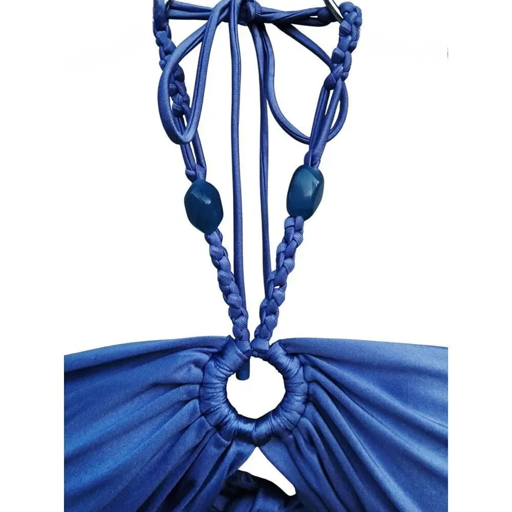 Red Carter Shine Boho Bandeau Blue Swim Top O-Ring Halter Beads Women's Size L
